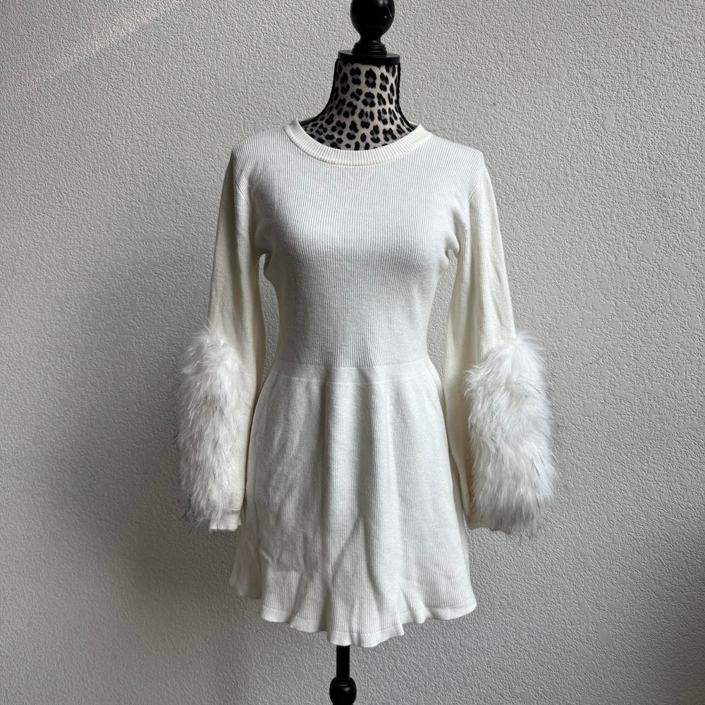 White faux fur sleeve sweater dress